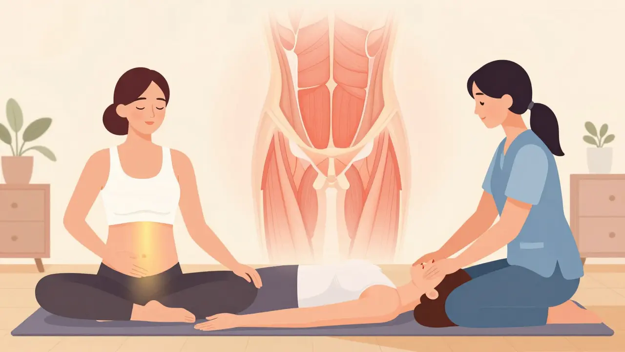 Žena doma praktikuje dýchání a dotek, vedle ní terapeuta — oba představují cesty k uvolnění pánevního dna.