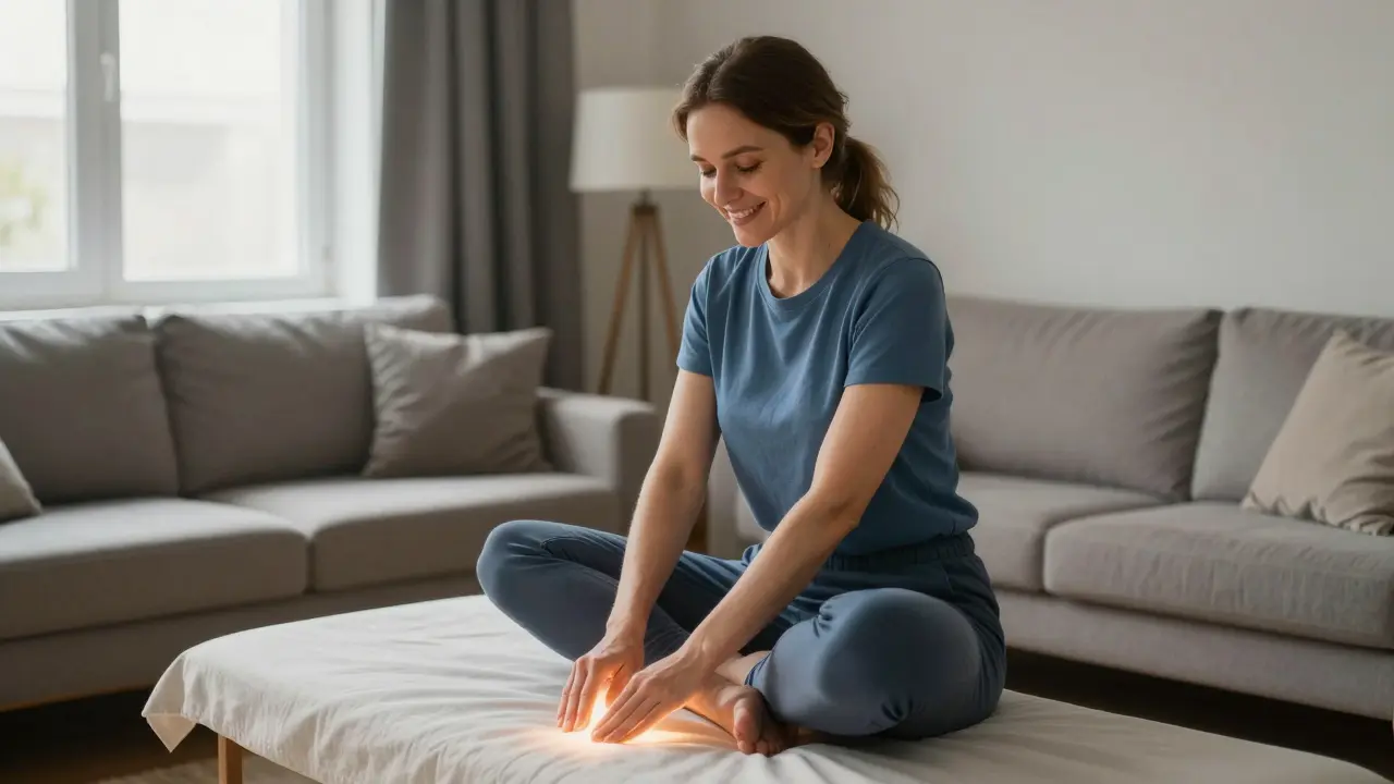 Žena se usmívá v obývací místnosti po tantrické masáži, cítí se odpočatá.