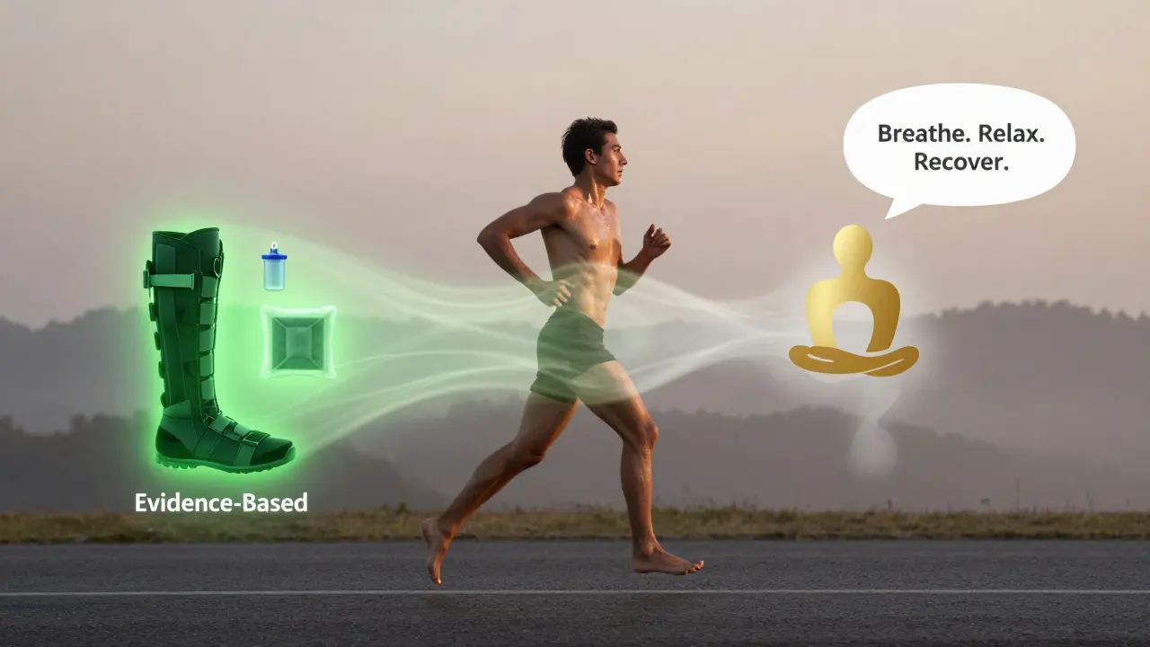 Běžec na ranním výběhu s přehledem věrohodných a nevěrohodných metod regenerace, pouze symbolické prvky.