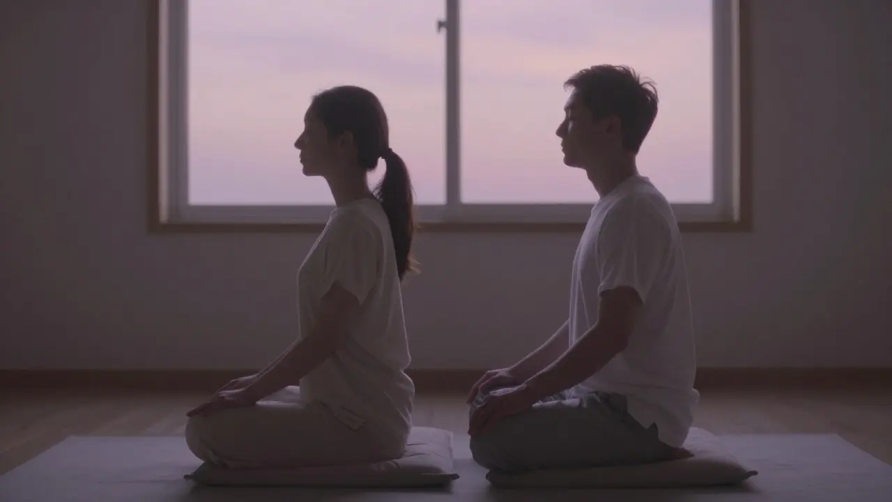 Dva lidé sedí čelem k sobě a dýchají synchronizovaně, bez dotyku, v klidném prostředí s přírodním světlem.