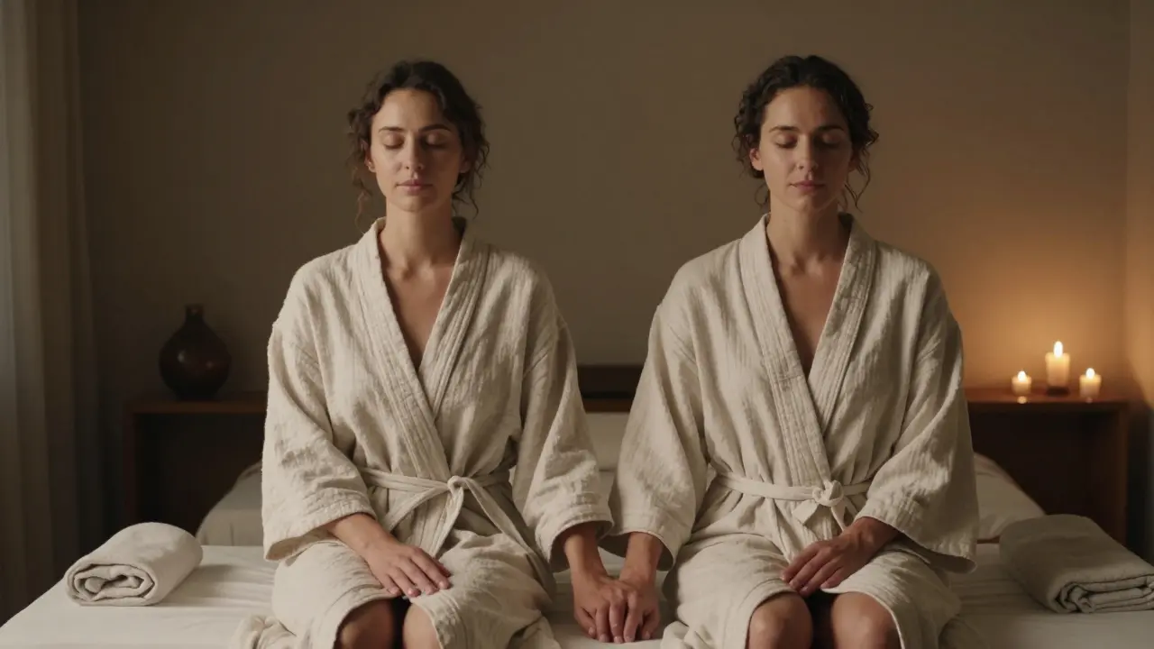 Dvojice po masáži sedí s pořádně spojenými rukama, klidná a připojená.