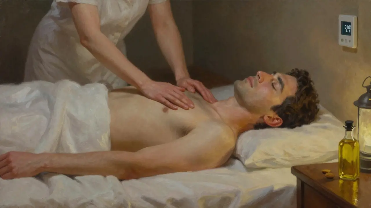 Partner pomalu hladí tělo druhého od nohou k hrudníku, v měkkém světle a klidném prostředí.