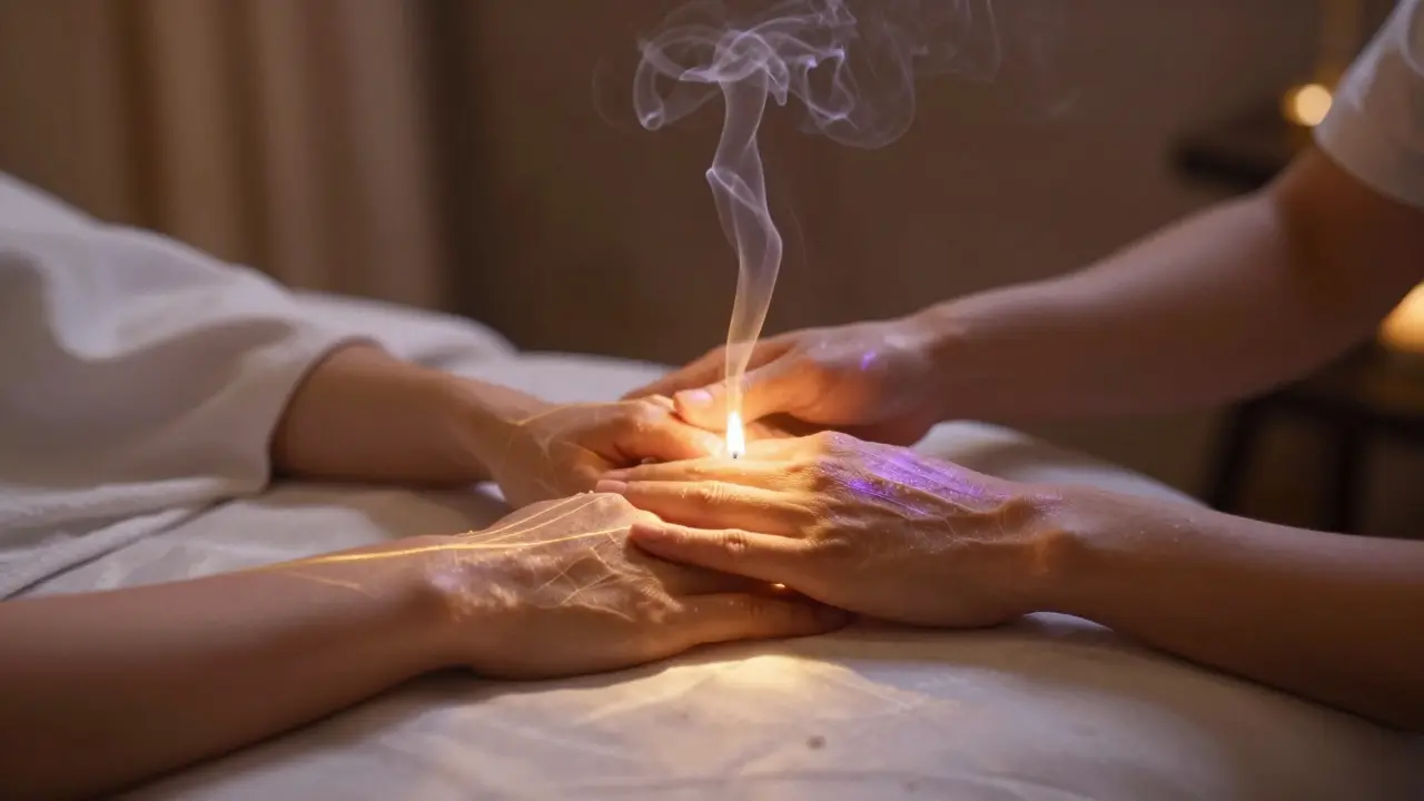 Přiblížený pohled na spojené ruce s jemnými energetickými čárami mezi nimi.