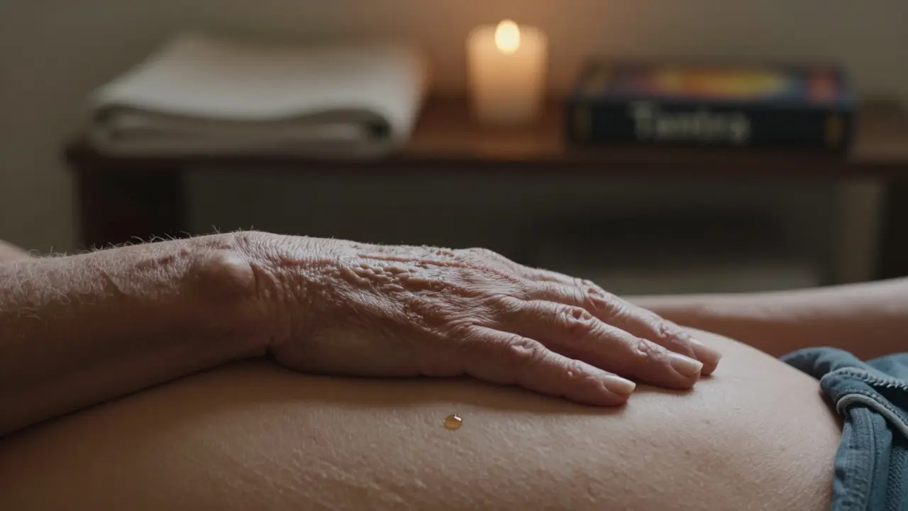 Ruka klidně pokrývá břicho, s kapkou oleje na kůži, v tichém, osobním prostředí s teplým osvětlením.