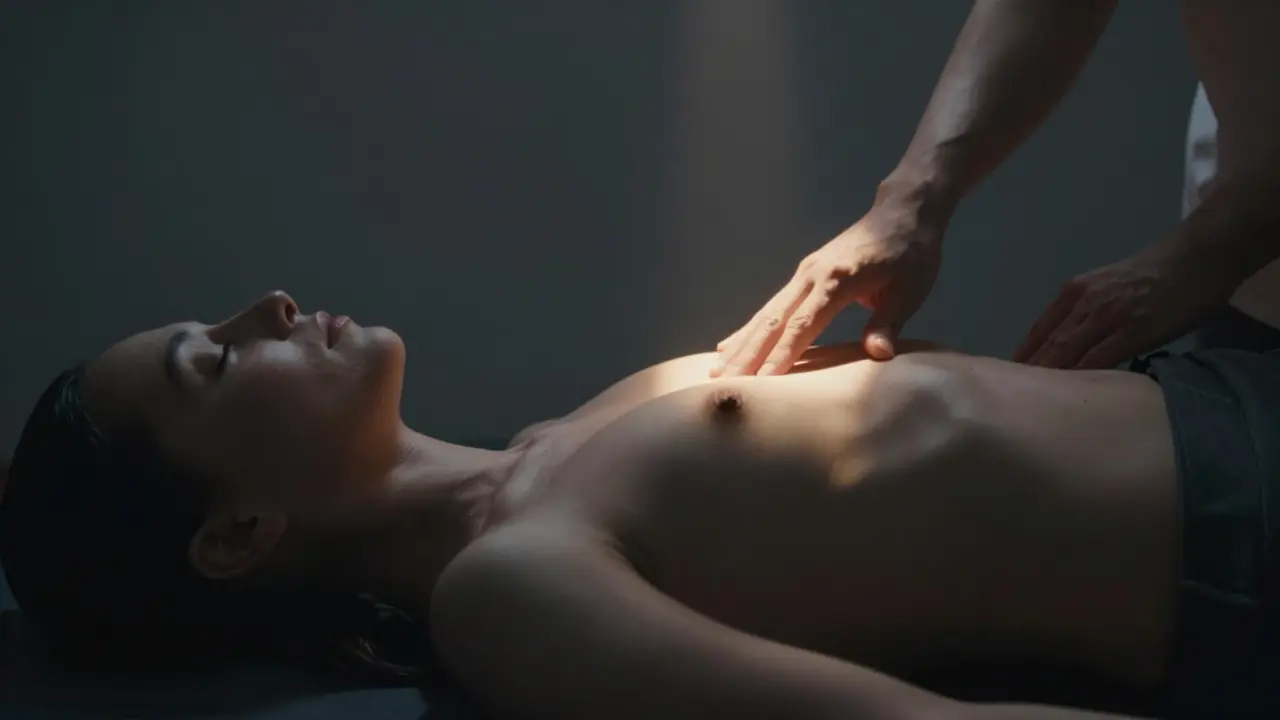 Terapeut rukou nad oblastí pánve, ale nepřetkává, jen přítomně stojí v klidném, světlém prostoru.