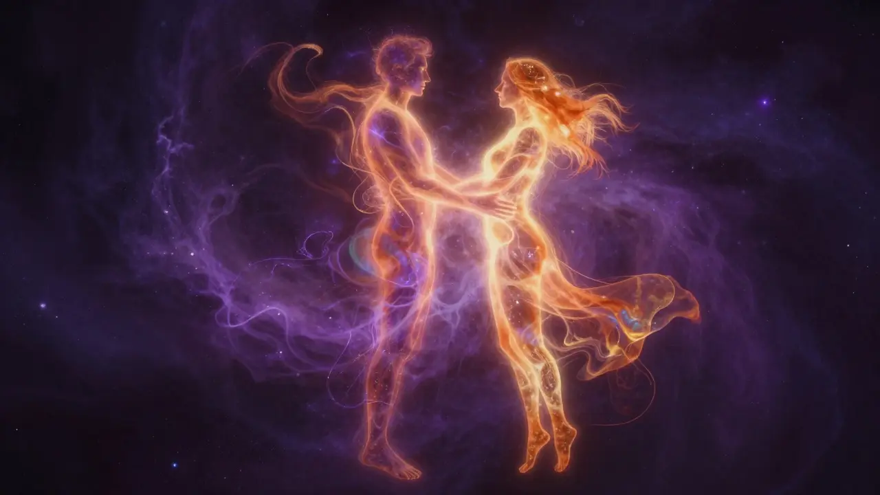 Abstraktní znázornění propojení těla a mysli pomocí proudů barevného světla.