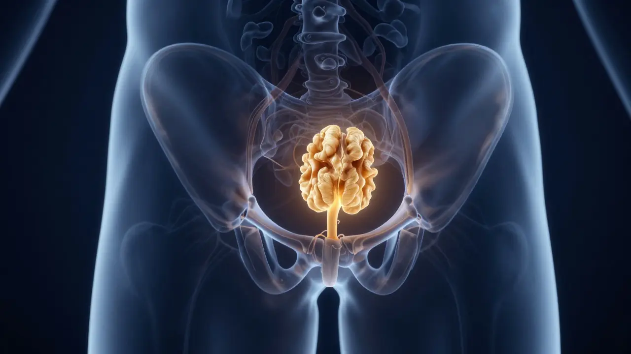 Anatomická 3D vizualizace prostaty v pánvové oblasti s jemným zlatým svícením.