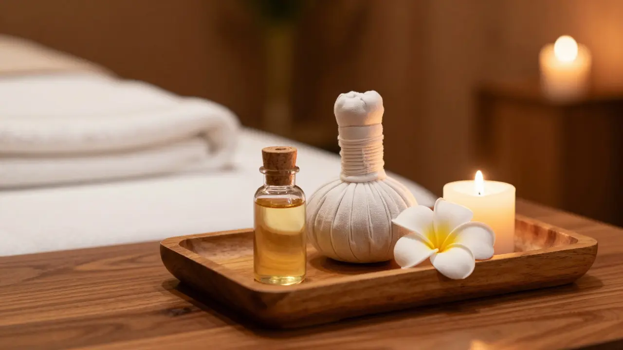 Detail aromatických olejů a květiny v thajském wellness centru.