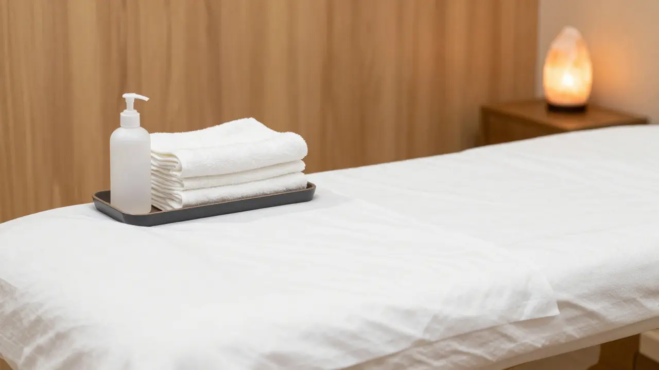 Detail čistého masážního lůžka s jednorázovou podložkou a dezinfekcí.