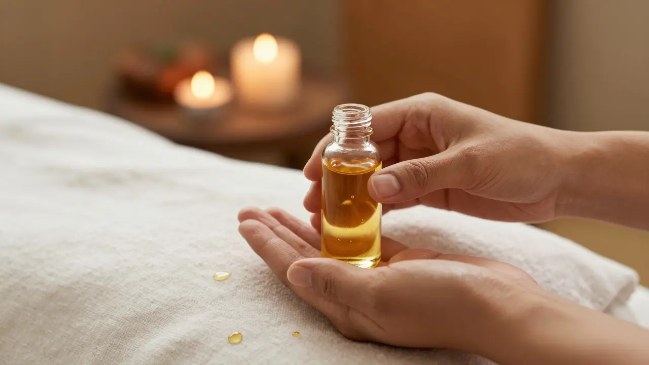 Detail lahvičky s masážním olejem a bílým lněným plátnem v uklidňujícím prostředí.