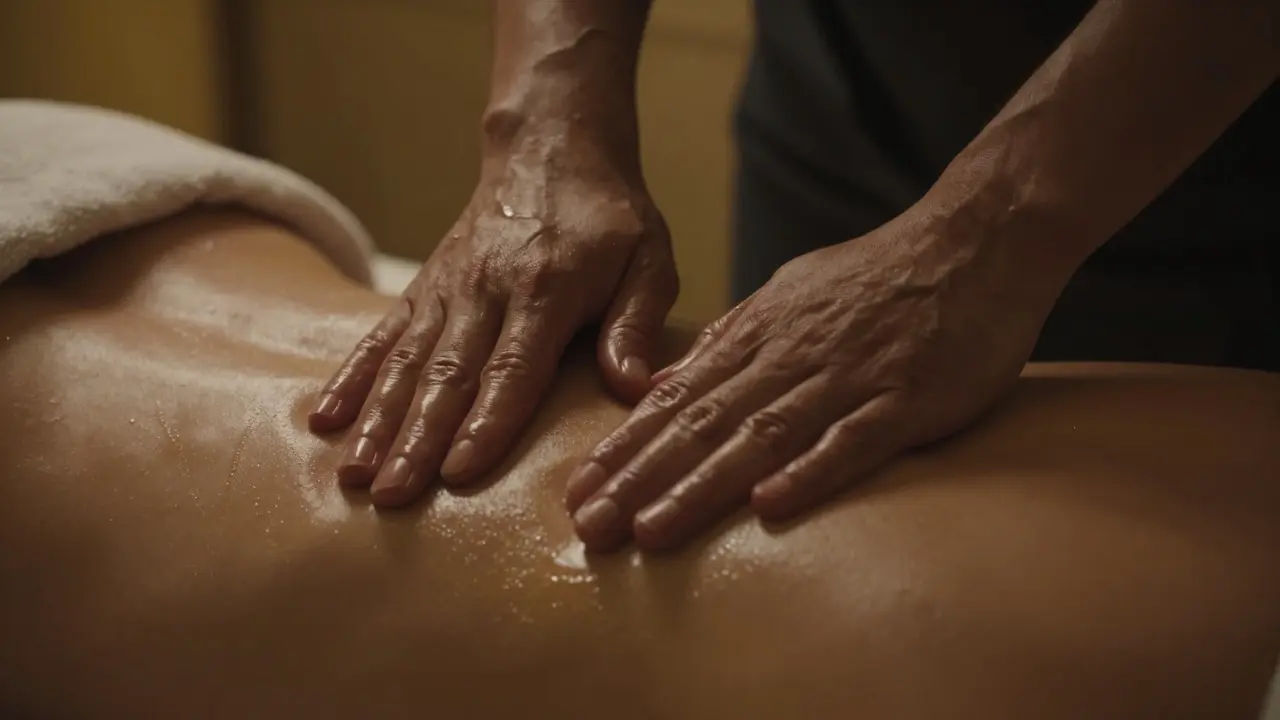 Detail plynulého doteku rukou na zádech s jemným masážním olejem.