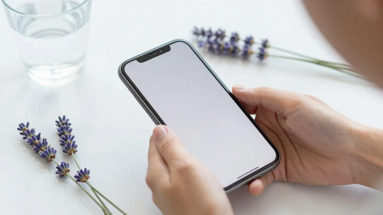 Detail rukou s tabletem a levandulí, symbolizující přípravu na seanci.