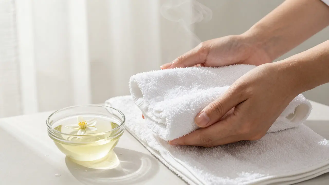 Detail teplého ručníku a misky s masážním olejem a květem jasmínu.