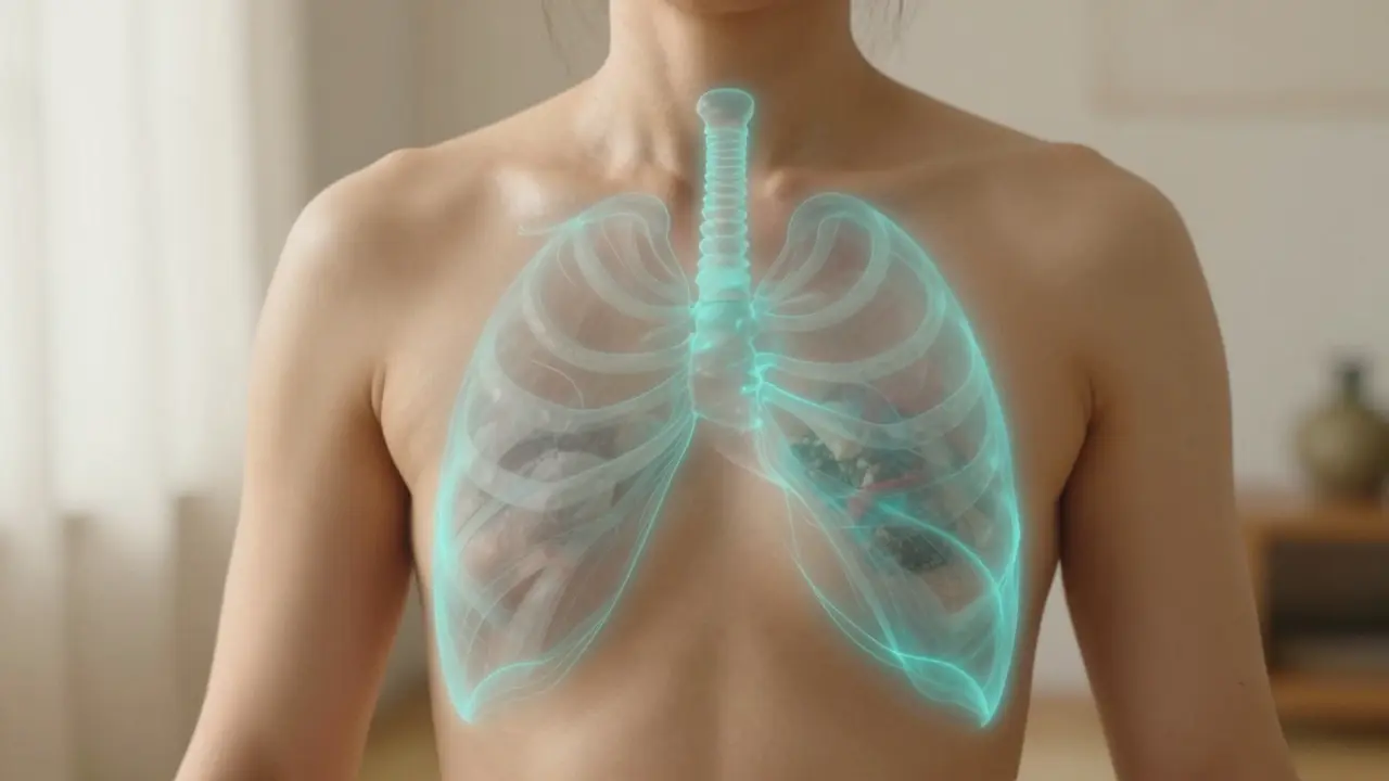 Detailní záběr na hruň a břicho během hlubokého, uklidňujícího dechového cvičení.