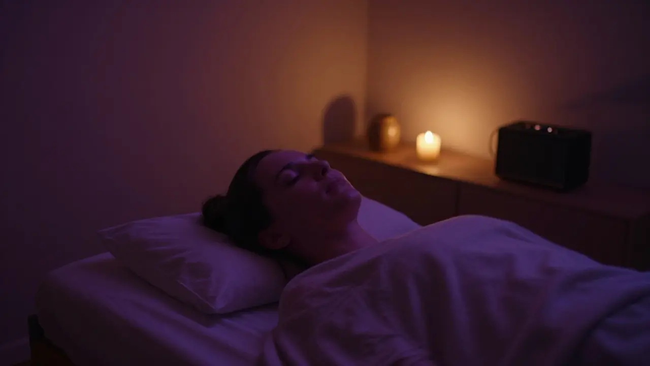Klidně svaný pokoj s zapálenou svíčkou připravený pro relaxaci a wellness.