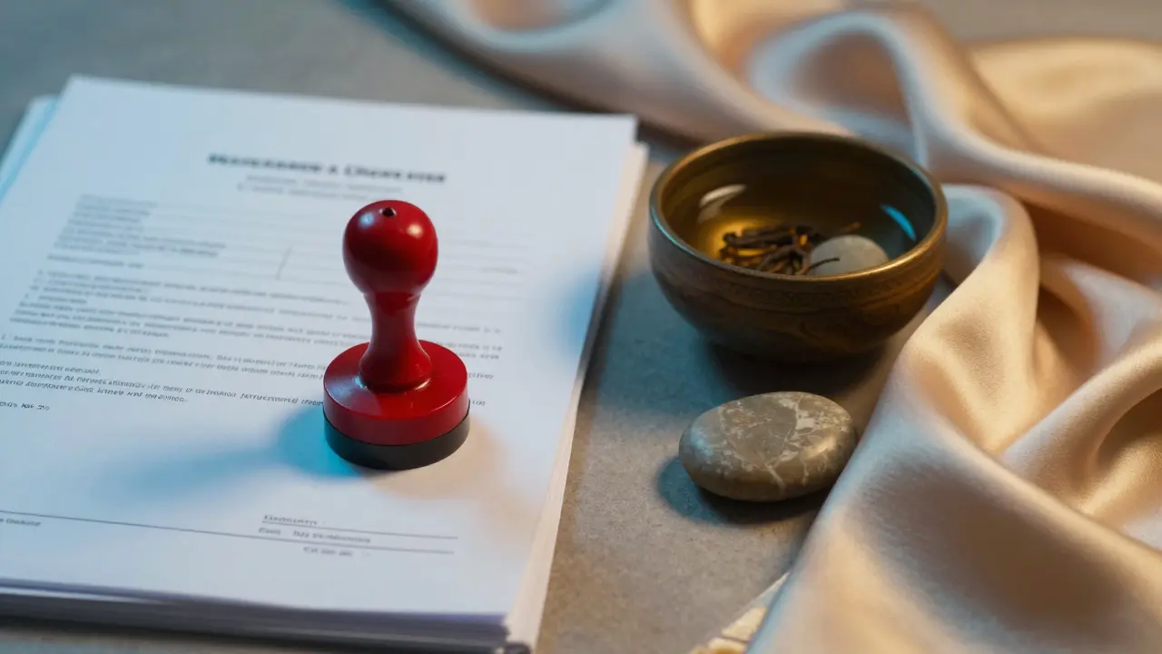 Kolaž administrativních formulářů a relaxačních prvků jako esenciální oleje.