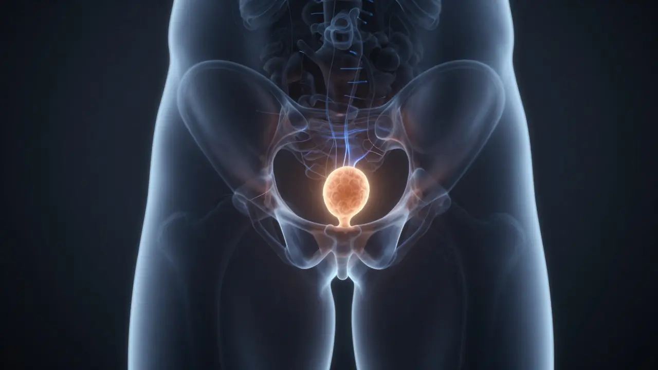 Konceptuální anatomický pohled na polohu prostaty v pánvi s jemným světelným efektem.