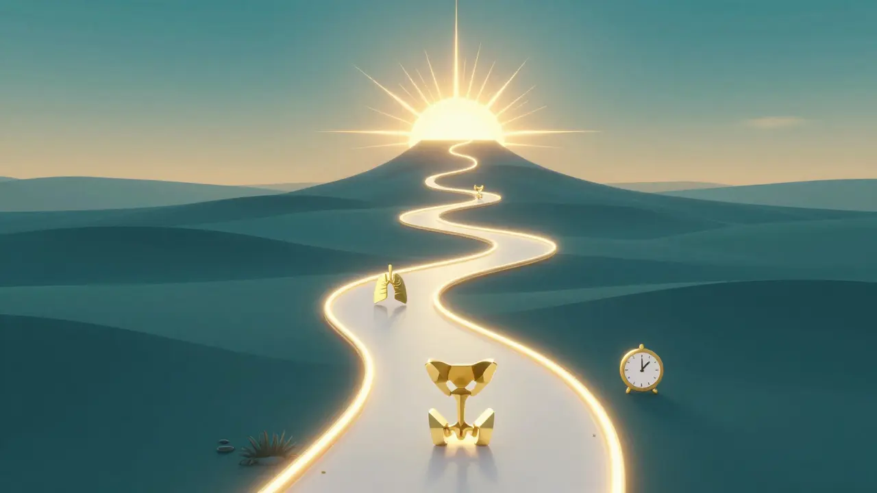 Konceptuální cesta s ikonami dechu a tréninku vedoucí k vrcholu vitality.