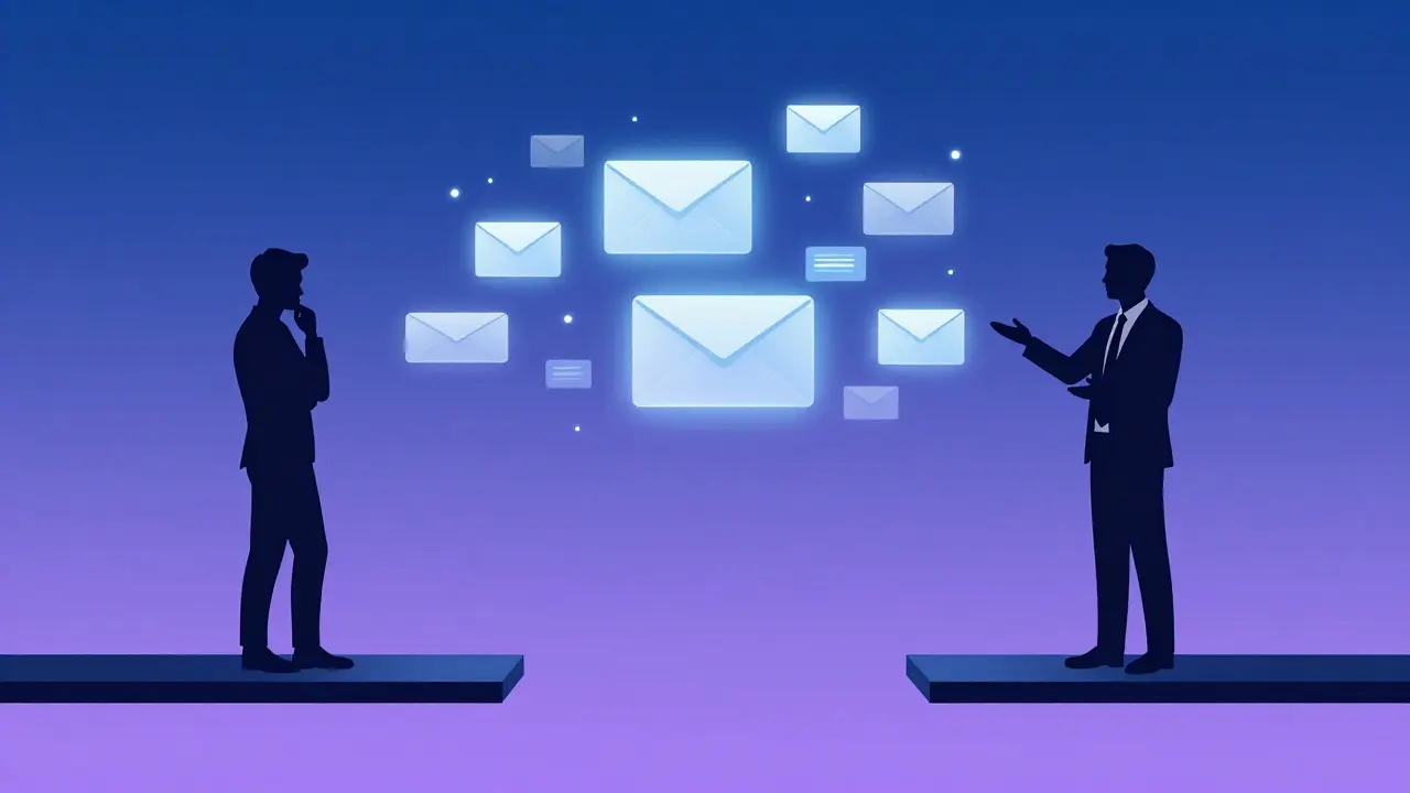 Konceptuální obraz znázorňující bezpečné spojení mezi klientem a terapeutem pomocí e-mailů.