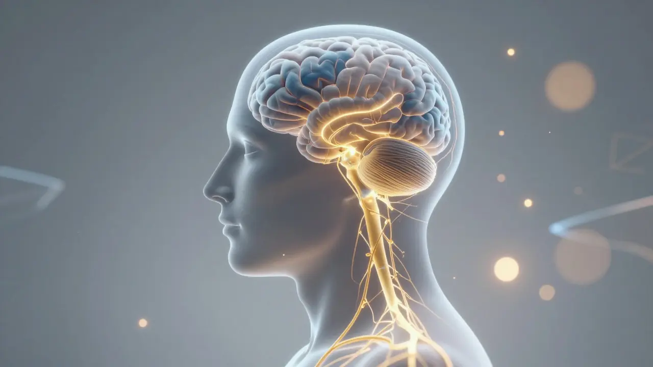 Konceptuální zobrazení lidského mozku v hlubokém relaxu s přechodem z napětí do klidu.