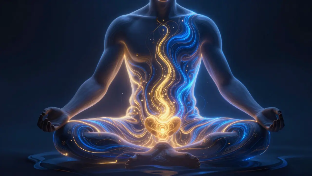 Konceptuální zobrazení proudění zlaté energie v oblasti pánve a těla muže.