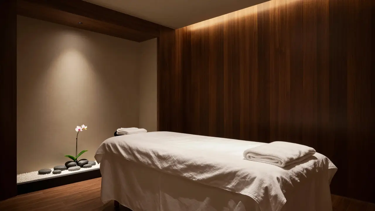 Luxusní a minimalistická masážní místnost s uklidňujícím osvětlením.