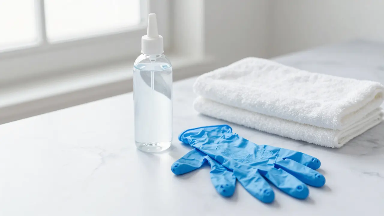 Sada pro bezpečnou masáž: lubrikant na vodní bázi a nitrilové rukavice.