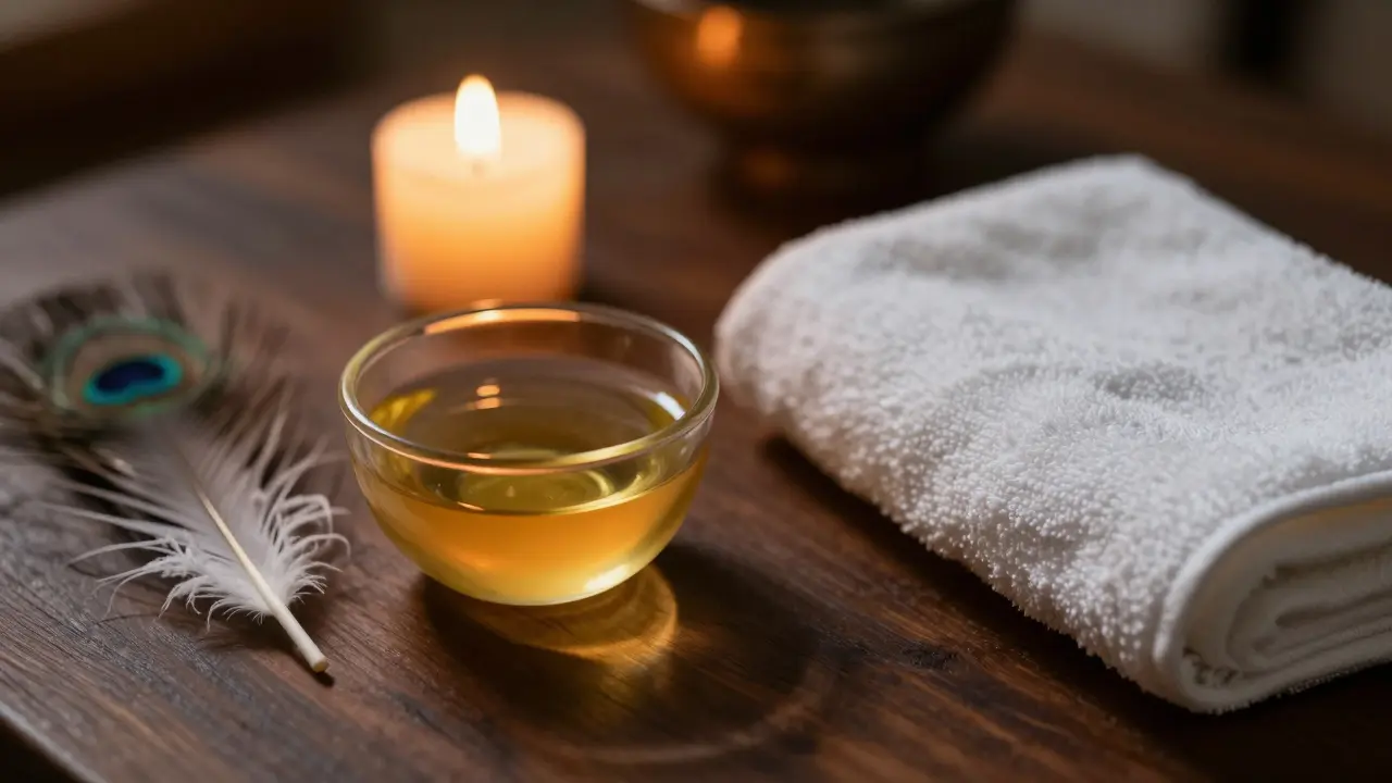 Smyčlná kompozice s eterickým olejem, peřím a svíčkou vtívající klid.