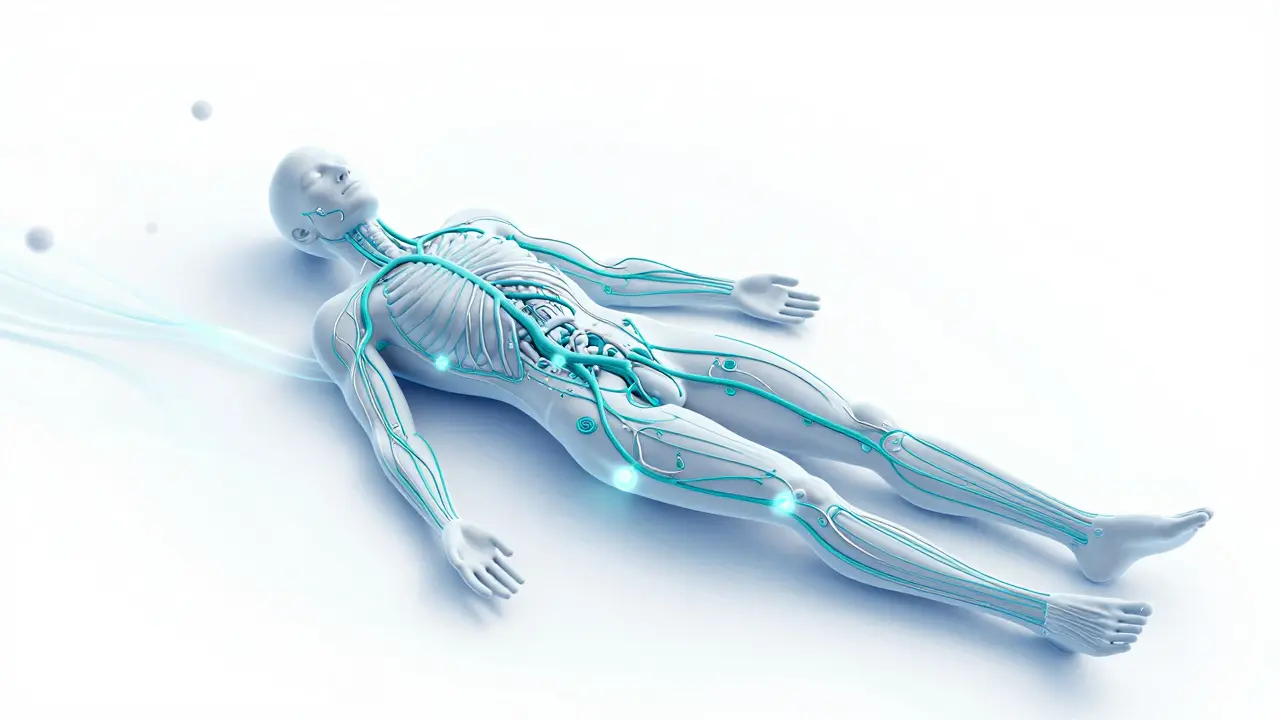 Stylizovaná ilustrace lymfatického systému a krevního oběhu během procesu detoxikace.