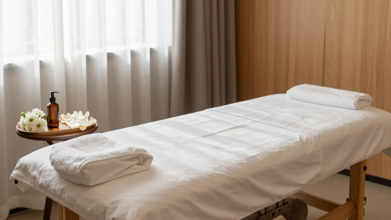Klidná terapeutická místnost s olejem a rukavicemi