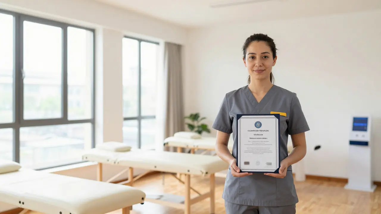 Certifikovaný terapeut v čistém, dobře větraném masážním pokoji
