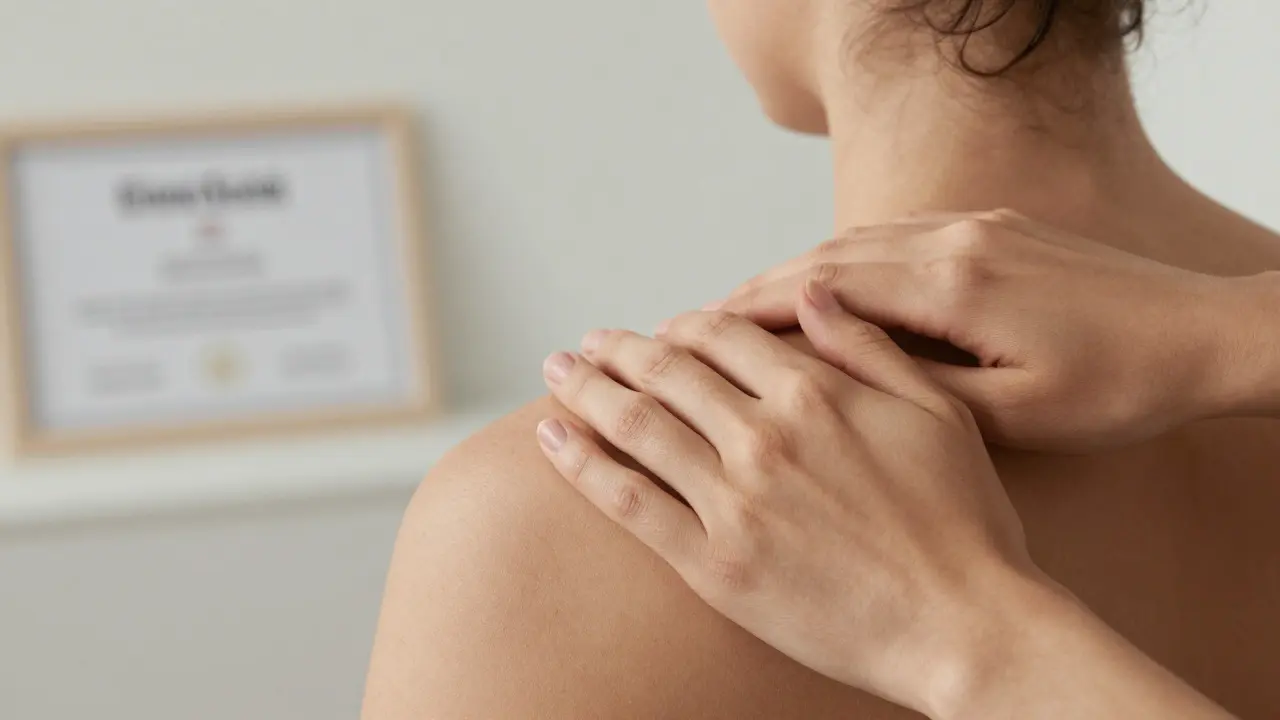 Jemný dotek rukou na zádech ilustrující vědomý terapeutický přístup