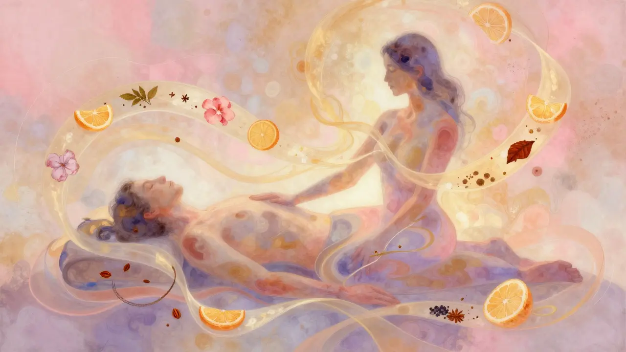 Abstraktní ilustrace energetického propojení při masáži
