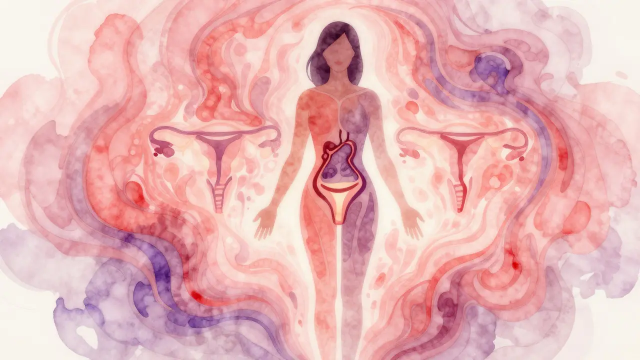 Abstraktní ilustrace ženské energie a hormonální rovnováhy v pastelových barvách