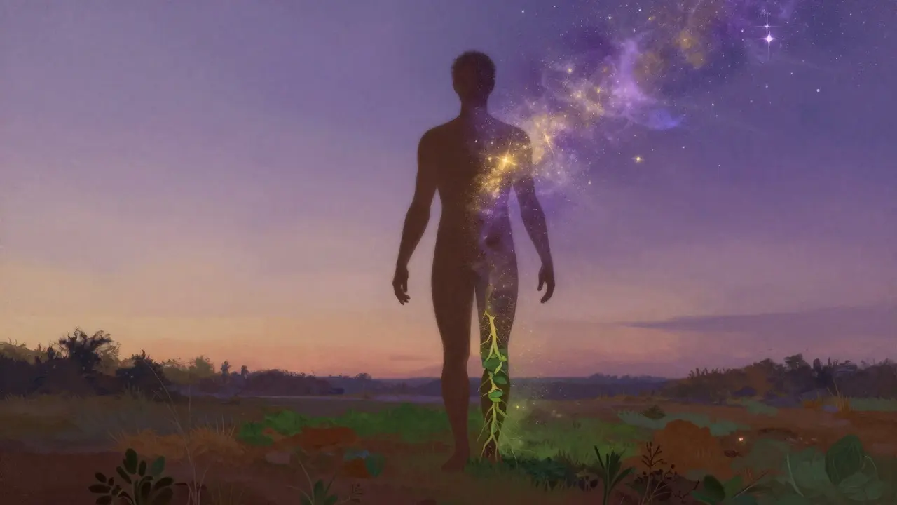 Surrealistické zobrazení integrace biologických potřeb a duchovní transcendentnosti
