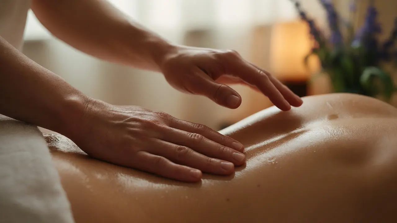 Close-up of hands respecting limits during a gentle back massage