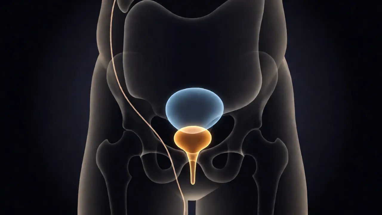 Konceptuální ilustrace anatomie prostaty v pánevní oblasti muže