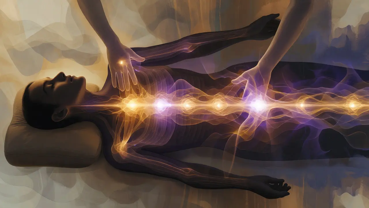 Konceptuální ilustrace energetických proudů a čakrem během tantrické terapie