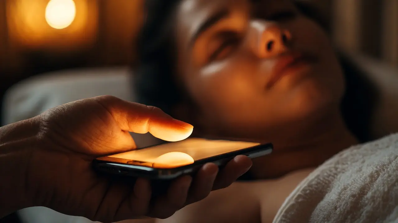 Klient v relaxaci po masáži odrážející se ve světle telefonu