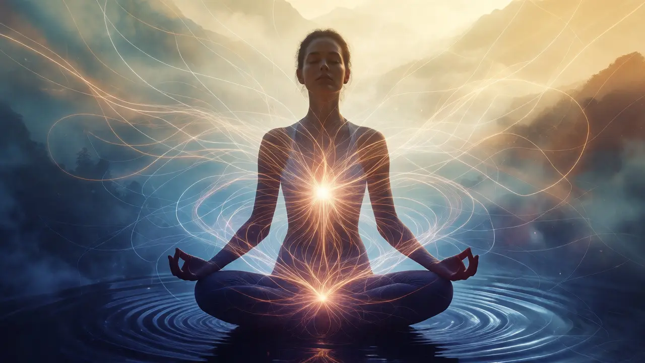 Medailon ženy v meditaci se svítícími energetickými vlnami
