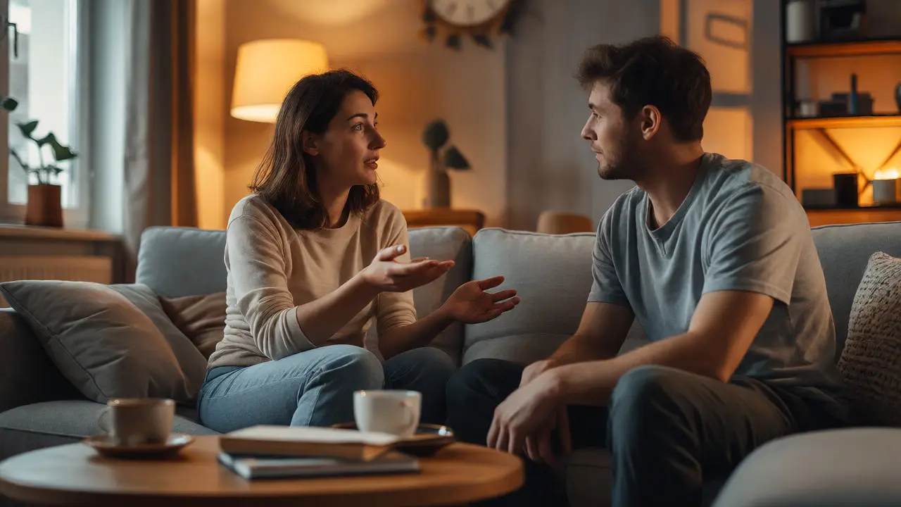 Pár upřímně diskutující o tantrické masáži v útulném obývacím pokoji